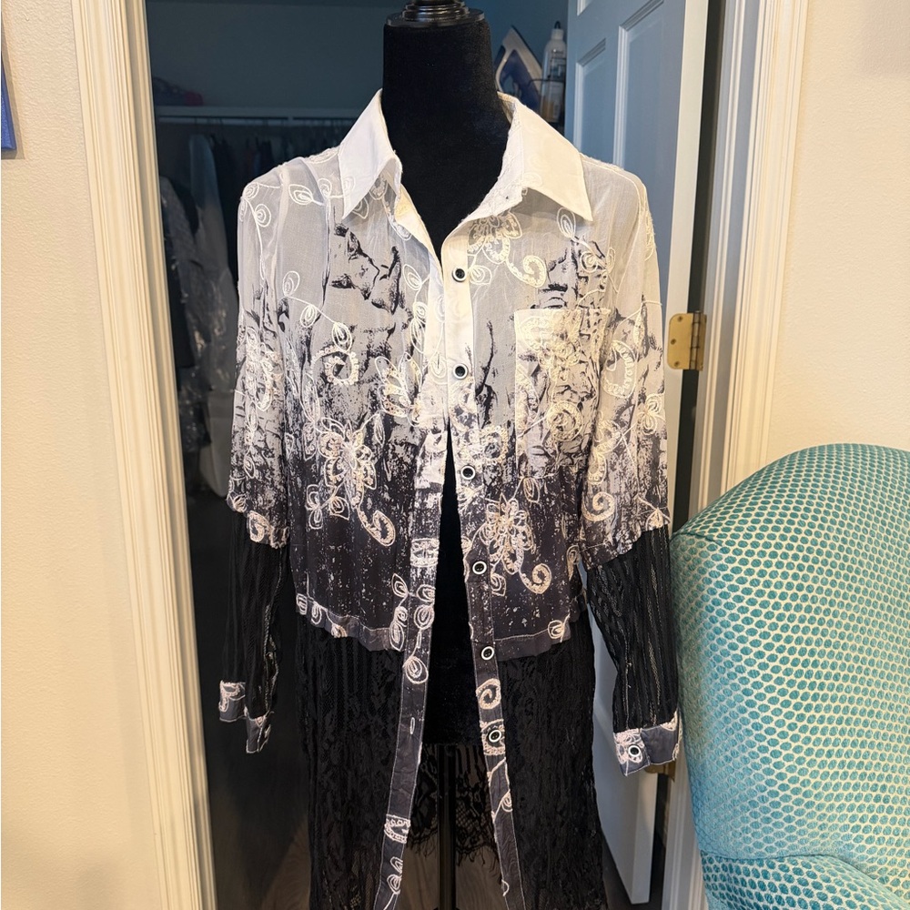 Mystree Black and White Sheer Lace Shirt Jacket